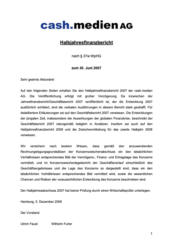 Titelseite: Halbjahresfinanzbericht 2007