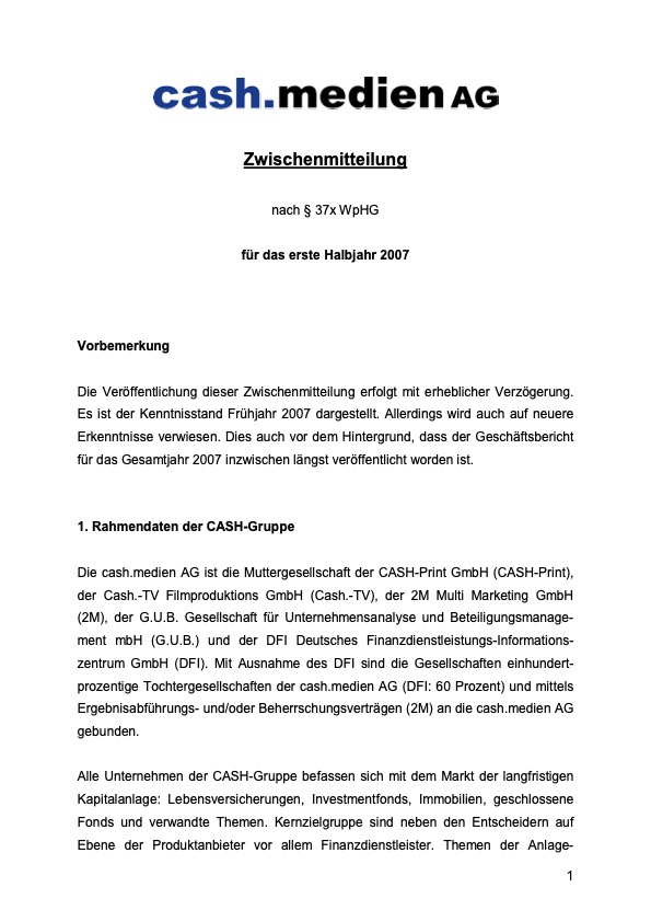 Titelseite: Zwischenmitteilung 1. Halbjahr 2007