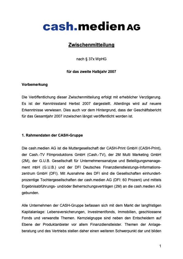 Titelseite: Zwischenmitteilung 2. Halbjahr 2007