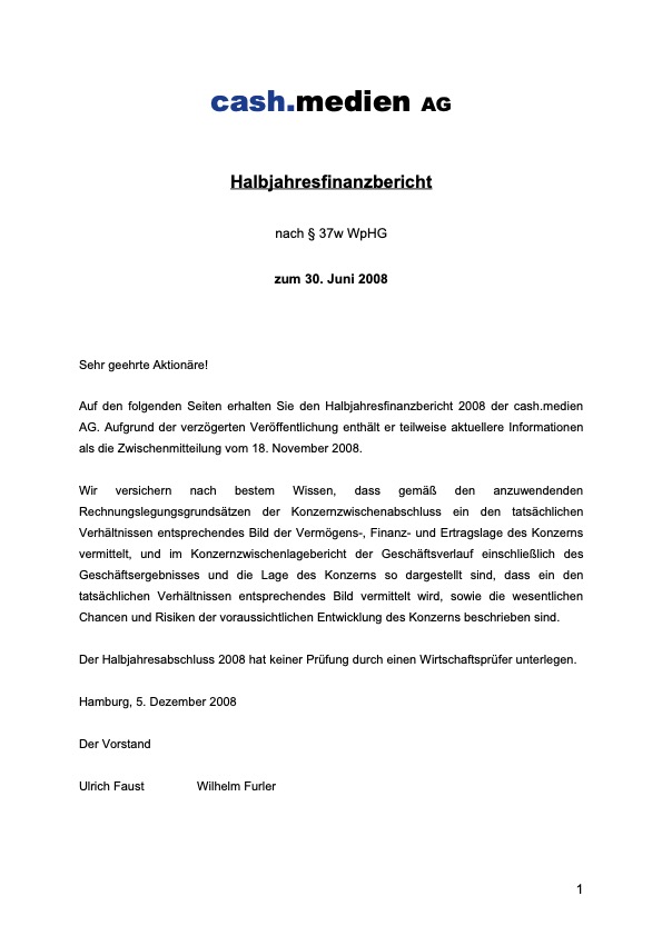 Titelseite: Halbjahresfinanzbericht 2008