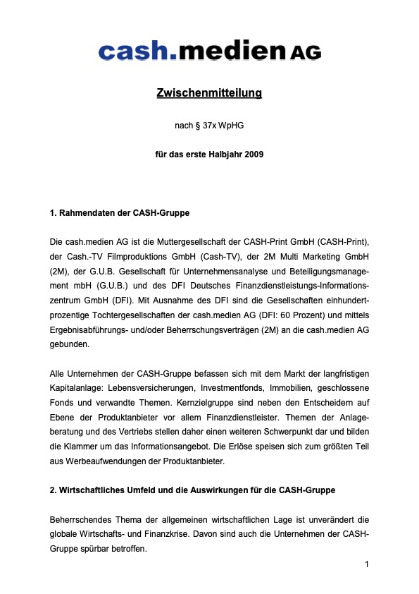 Titelseite: Zwischenmitteilung 1. Halbjahr 2009