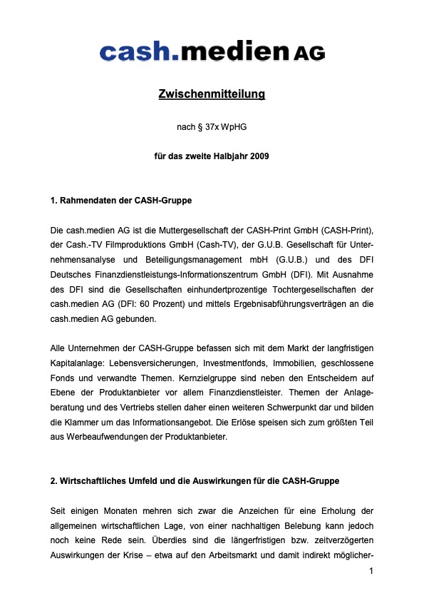 Titelseite: Zwischenmitteilung 2. Halbjahr 2009