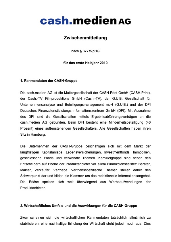 Titelseite: Zwischenmitteilung 1. Halbjahr 2010
