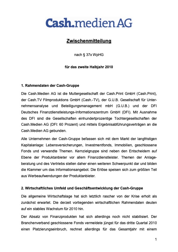 Titelseite: Zwischenmitteilung 2. Halbjahr 2010