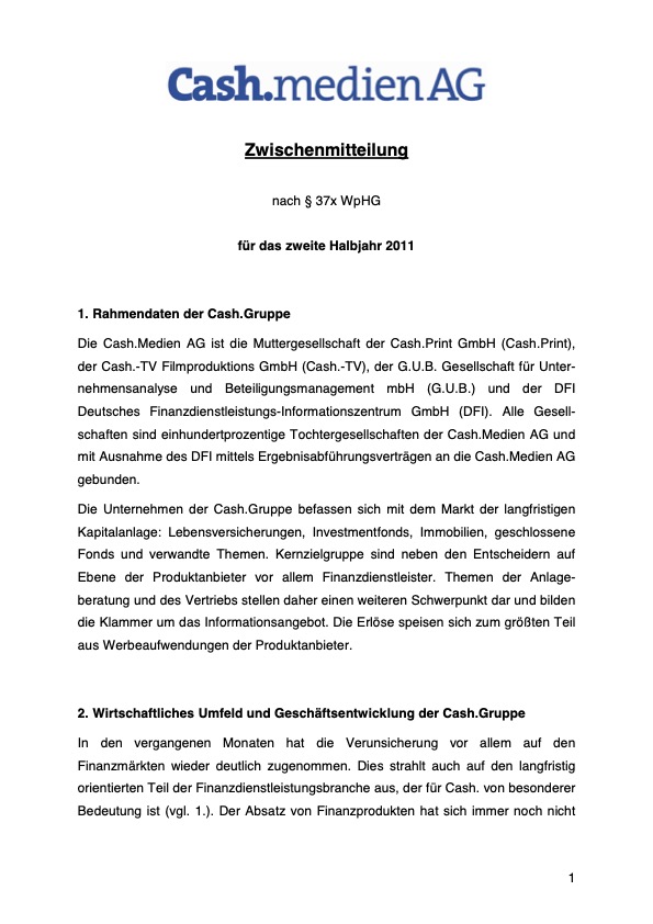 Titelseite: Zwischenmitteilung 2. Halbjahr 2011