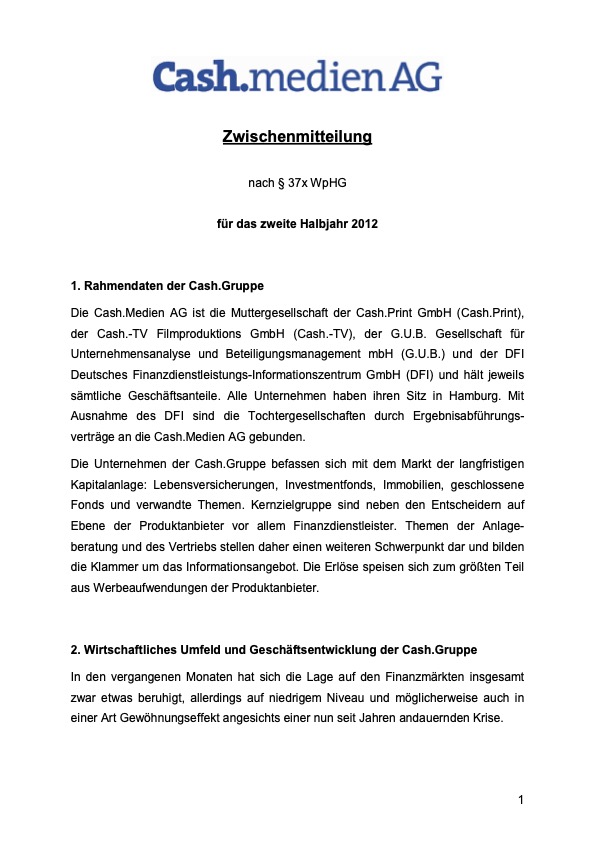 Titelseite: Zwischenmitteilung 2. Halbjahr 2012