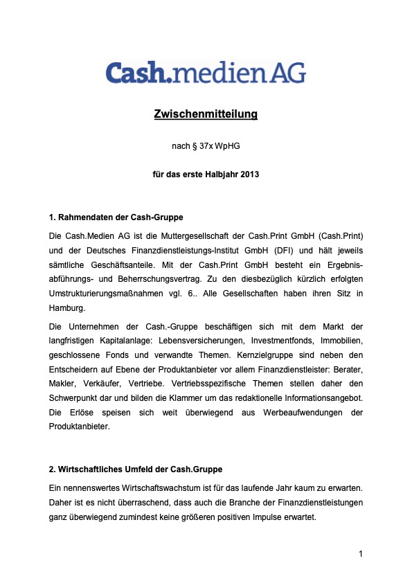 Titelseite: Zwischenmitteilung 1. Halbjahr 2013