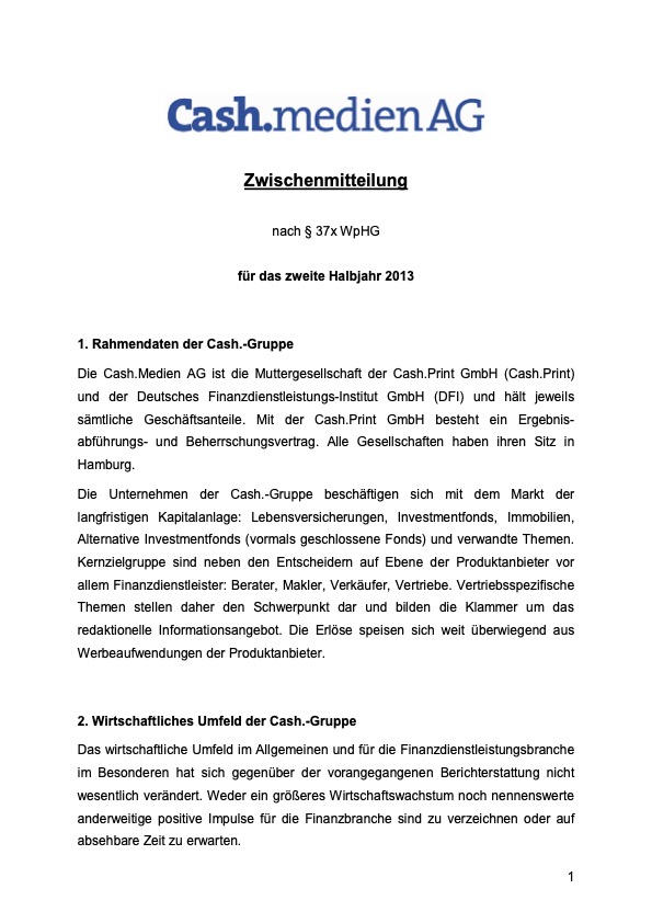 Titelseite: Zwischenmitteilung 2. Halbjahr 2013