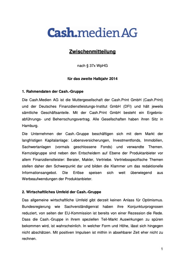 Titelseite: Zwischenmitteilung 2. Halbjahr 2014