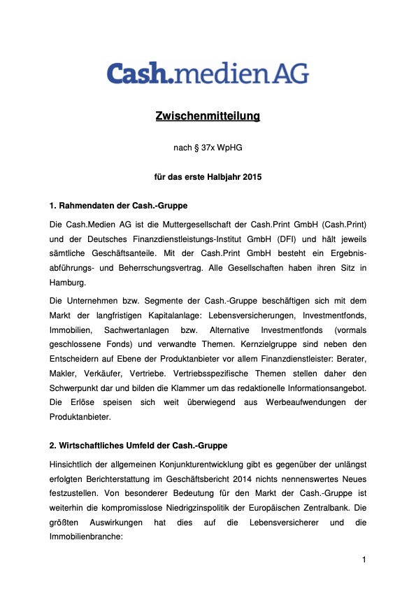 Titelseite: Zwischenmitteilung 1. Halbjahr 2015